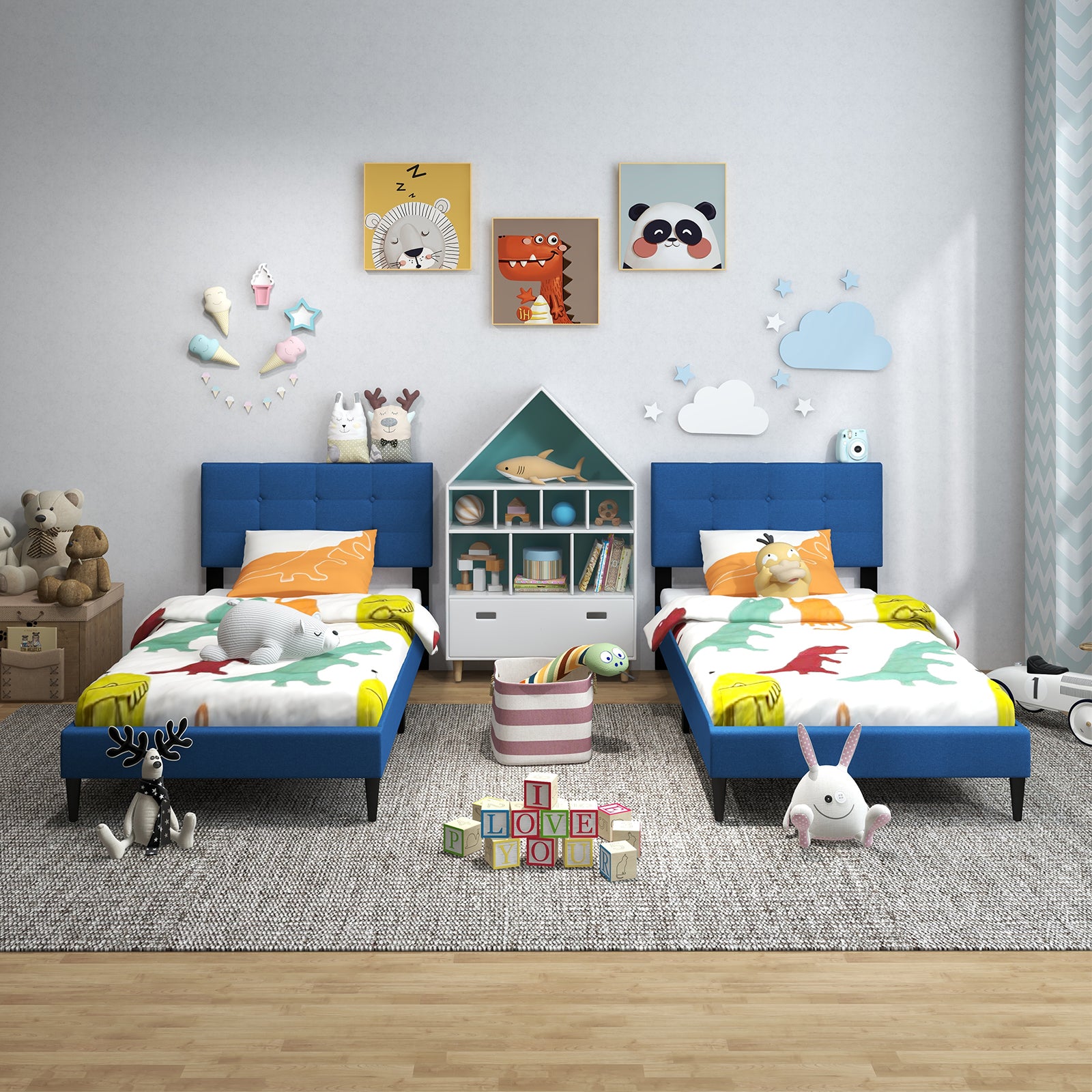 Twin Size Upholstered Platform Bed with with Button Tufted Linen Fabric Headboard