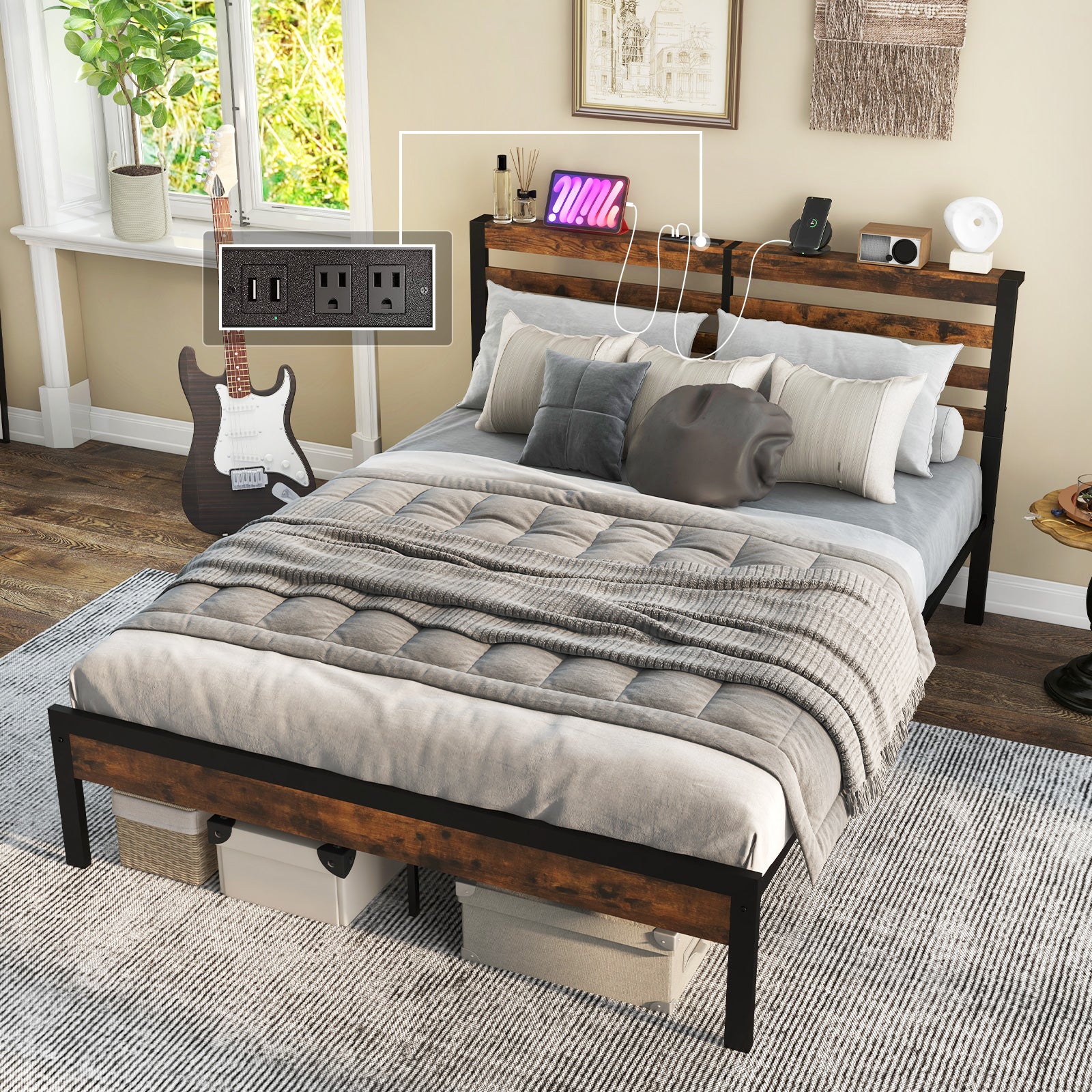 SUGIFT Twin/Full/Queen Size Bed Frame with Charging Station and Storage Headboard