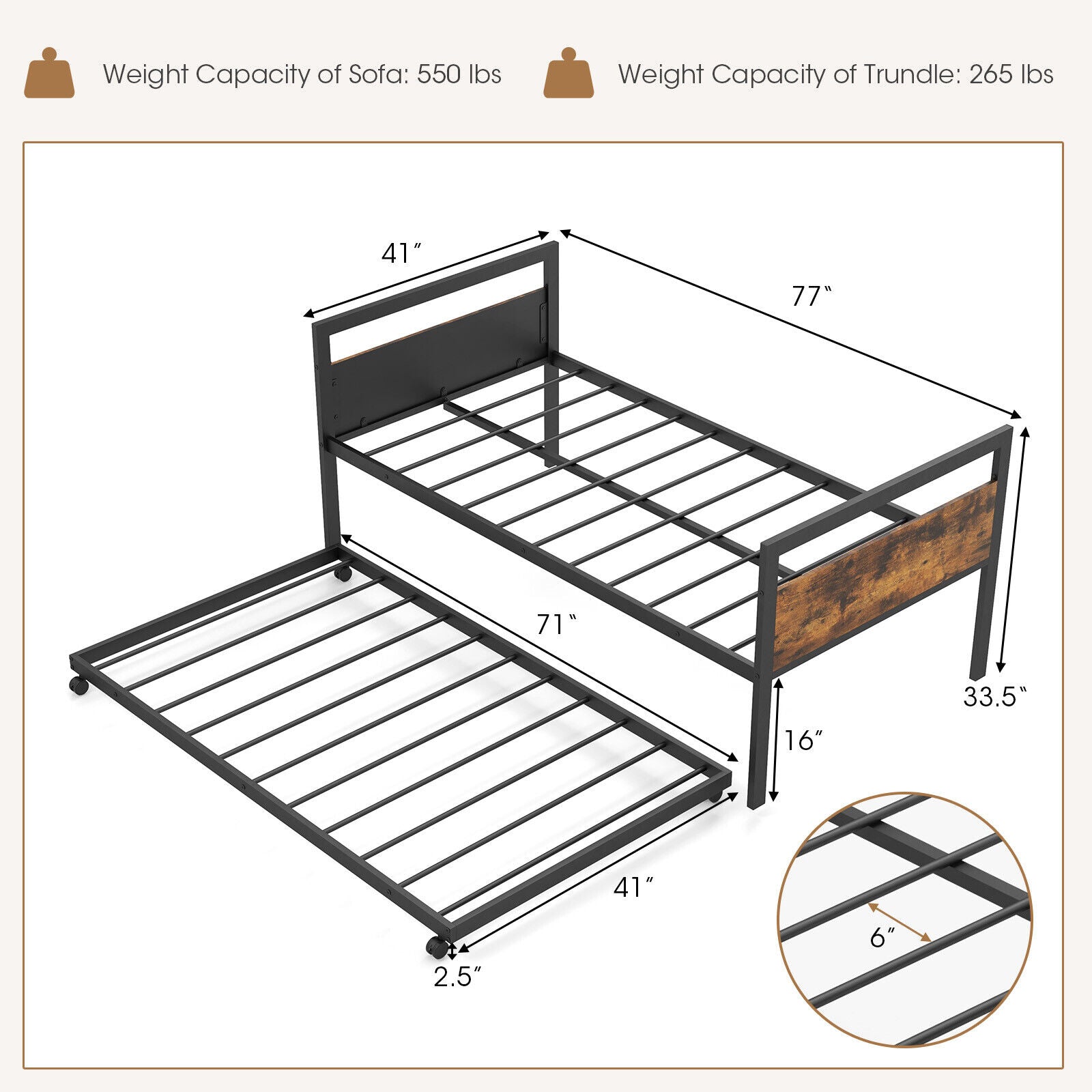 SUGIFT Twin Metal Daybed with Trundle Lockable Wheels