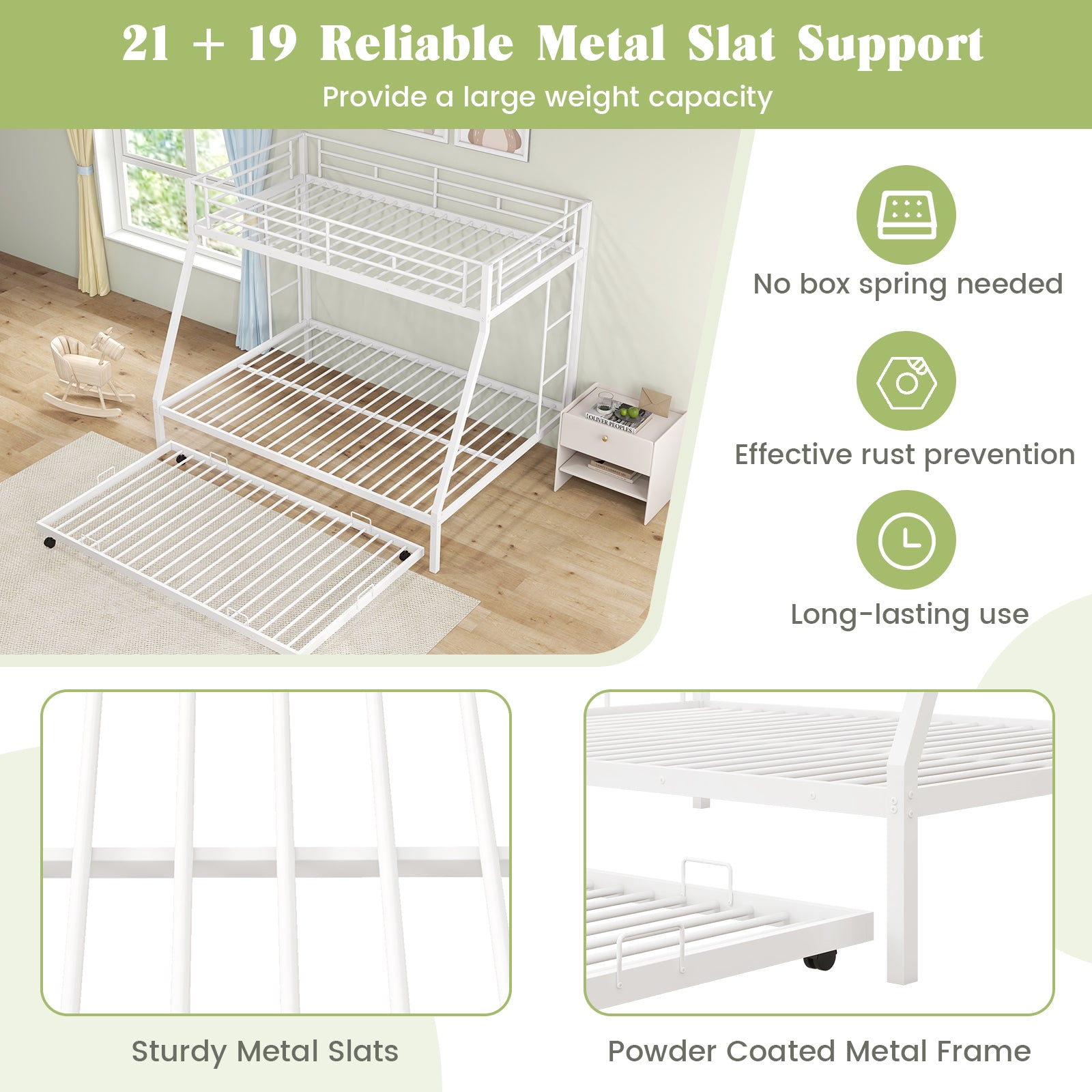 Twin Over Full Bunk Bed Frame with Trundle for Guest Room-White