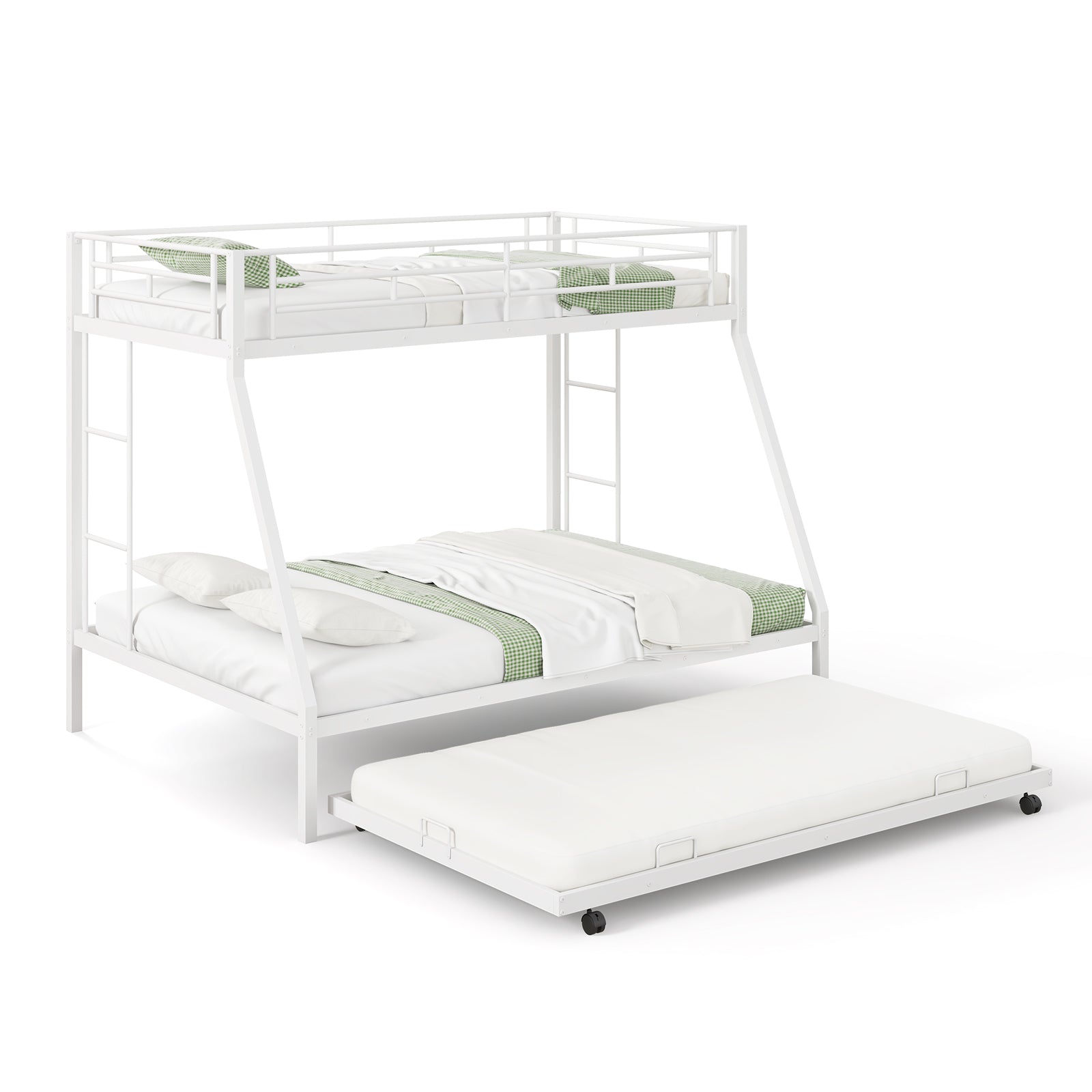 Twin Over Full Bunk Bed Frame with Trundle for Guest Room-White