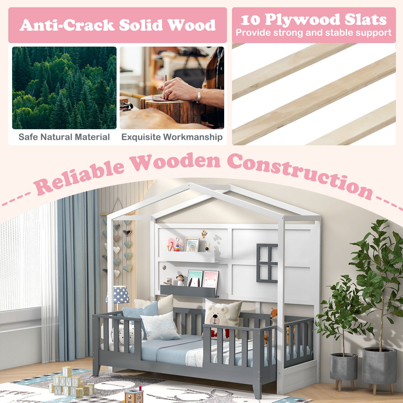 Twin Wood House Bed Montessori Floor Bed with 2 Shelves and Guardrails