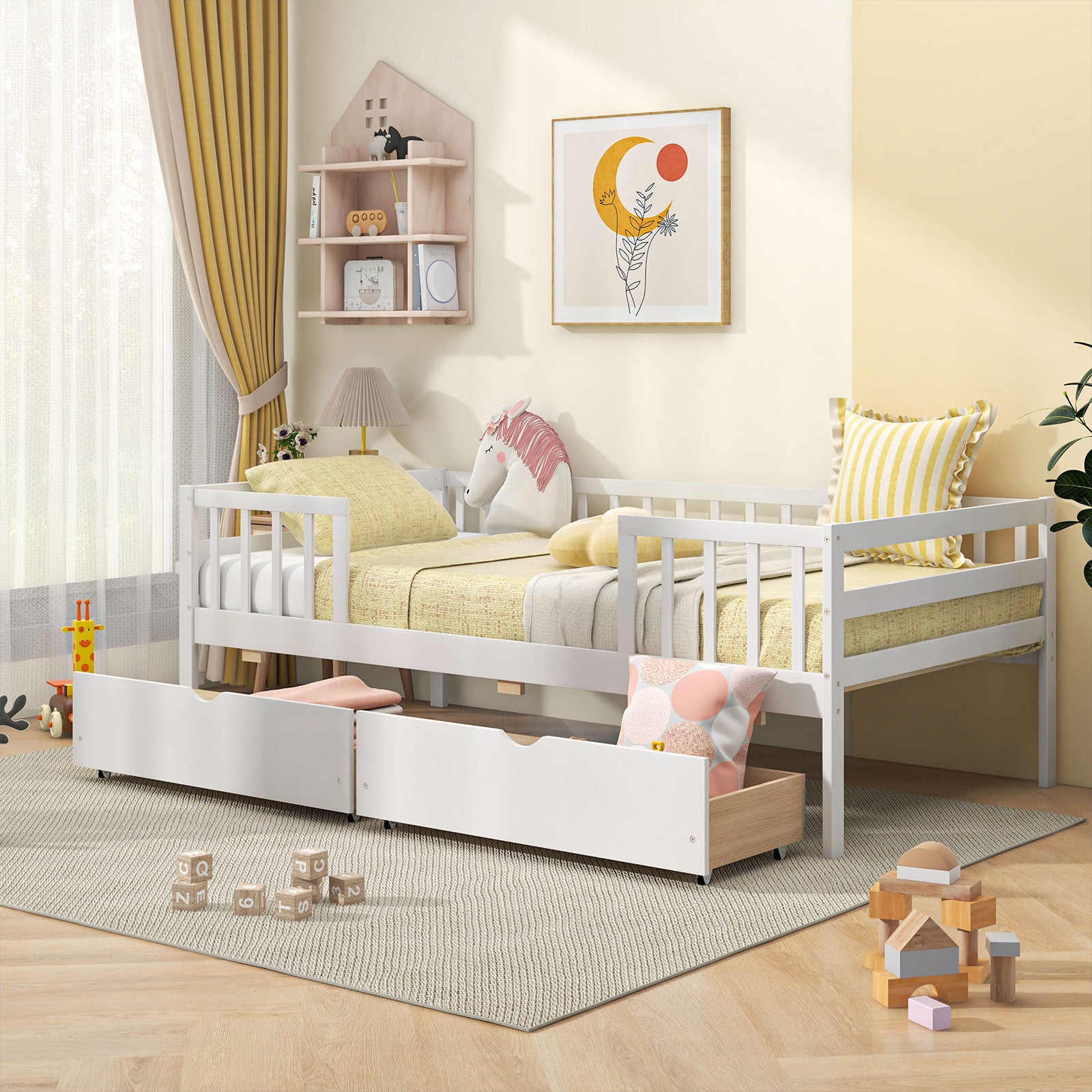 Twin Daybed with Fence and 2 Drawers Kids Bed for Boys Girls-White