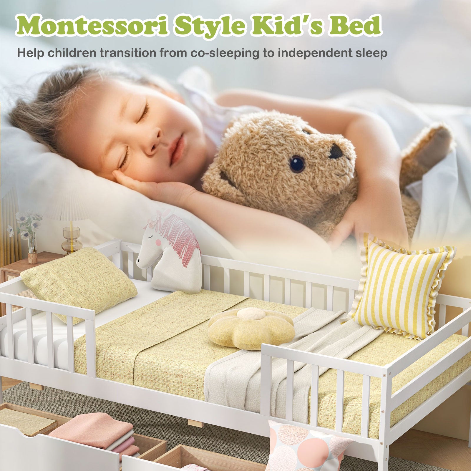 Twin Daybed with Fence and 2 Drawers Kids Bed for Boys Girls-White