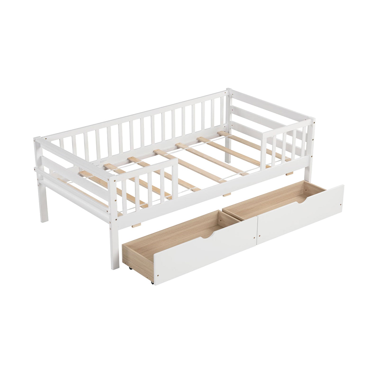 Twin Daybed with Fence and 2 Drawers Kids Bed for Boys Girls-White