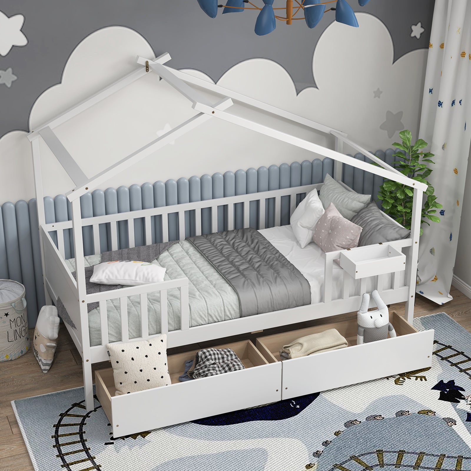 Twin House Bed with 2 Storage Drawers and Roof Fence Rails-White