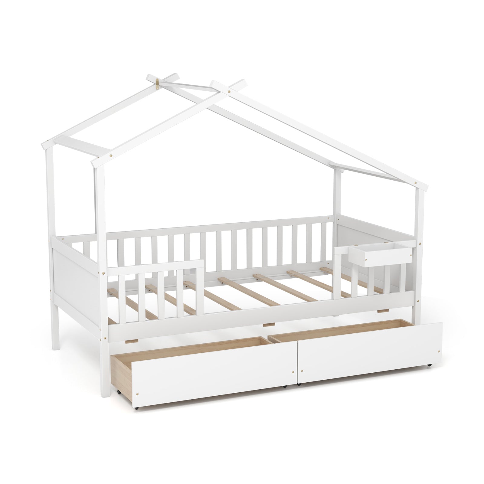 Twin House Bed with 2 Storage Drawers and Roof Fence Rails-White