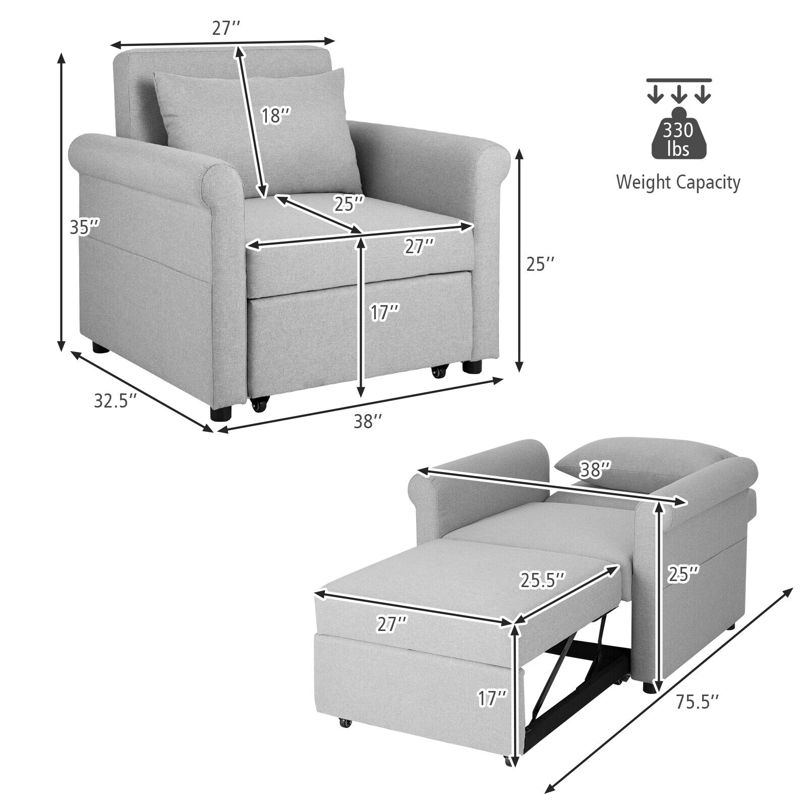 3-in-1 Pull-out Convertible Adjustable Reclining Sofa Bed