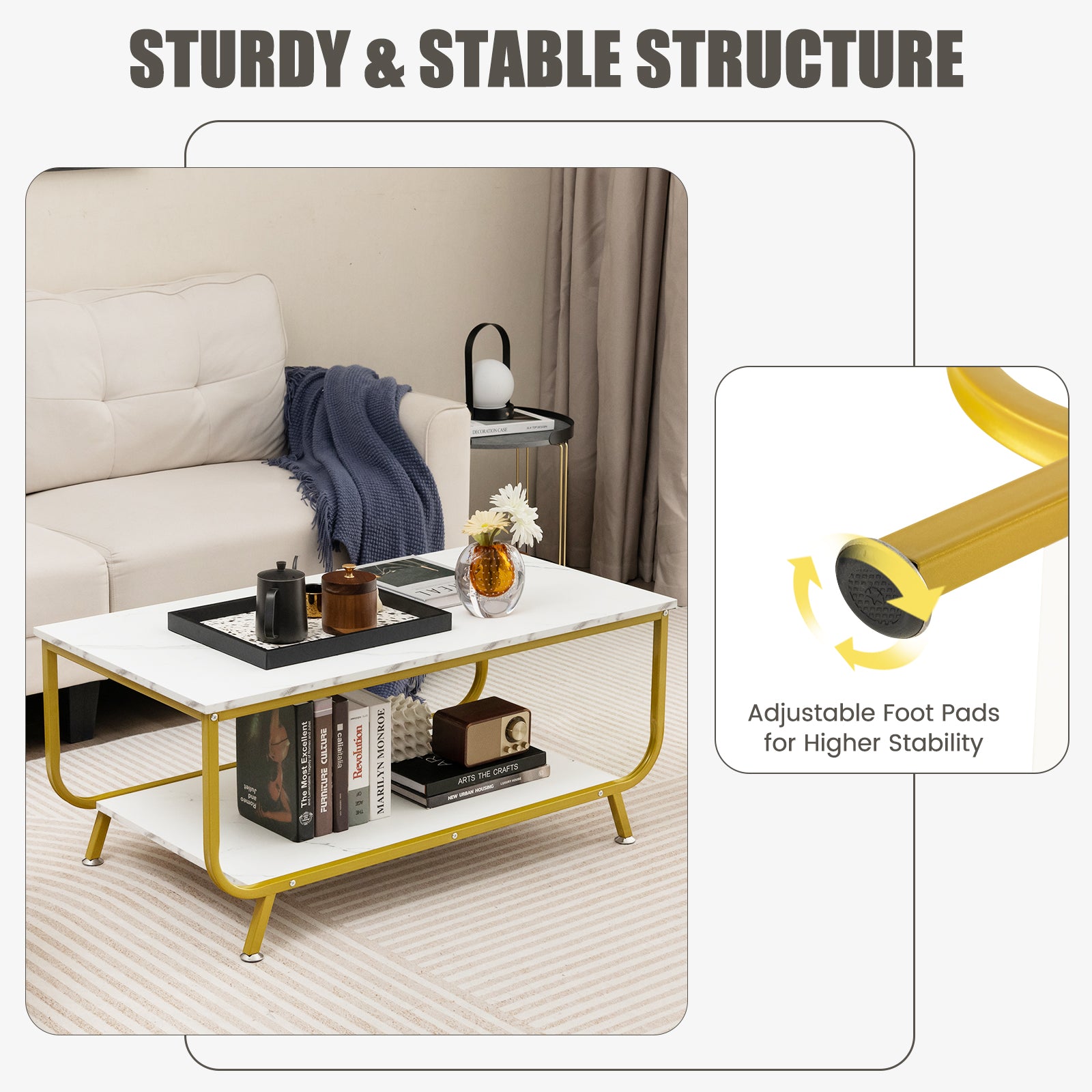 2-Tier Faux Marble Top Rectangular Coffee Table with Metal Frame-White