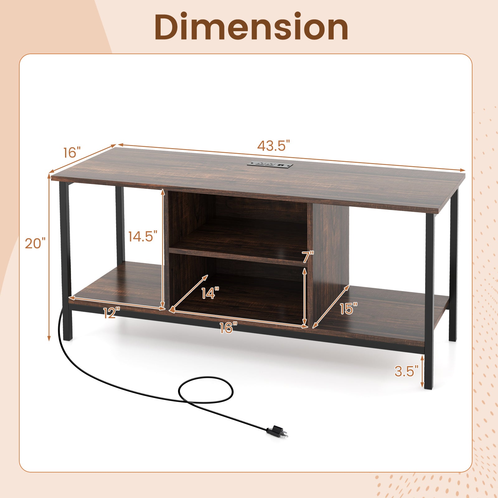 TV Stand Entertainment Center with Open Storage Shelves and Power Outlets to 50 Inches