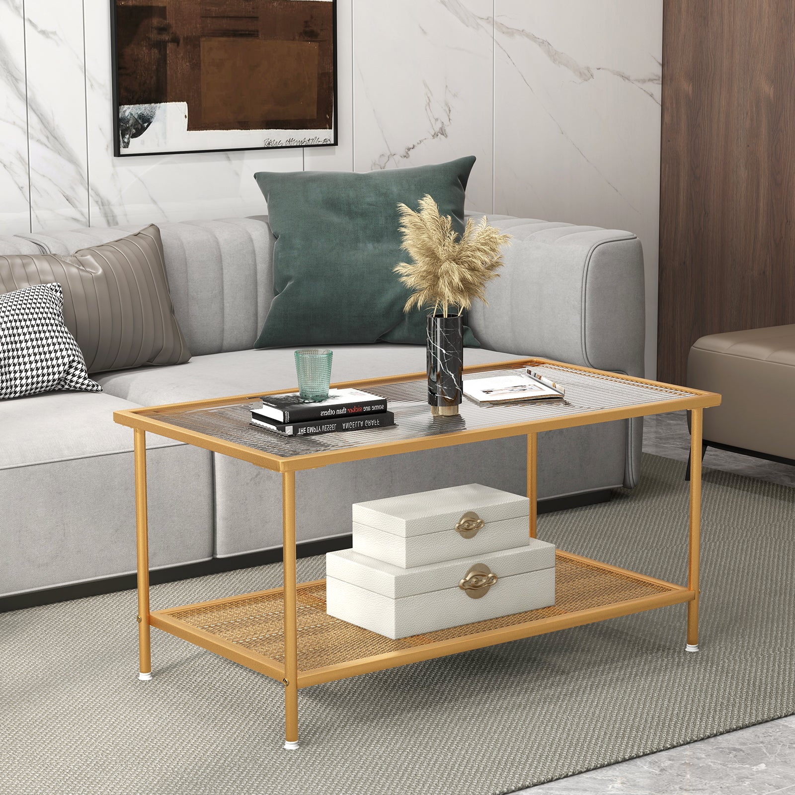 2-Tier Coffee Table with Shelf Center Tea Table with Tempered Glass Top