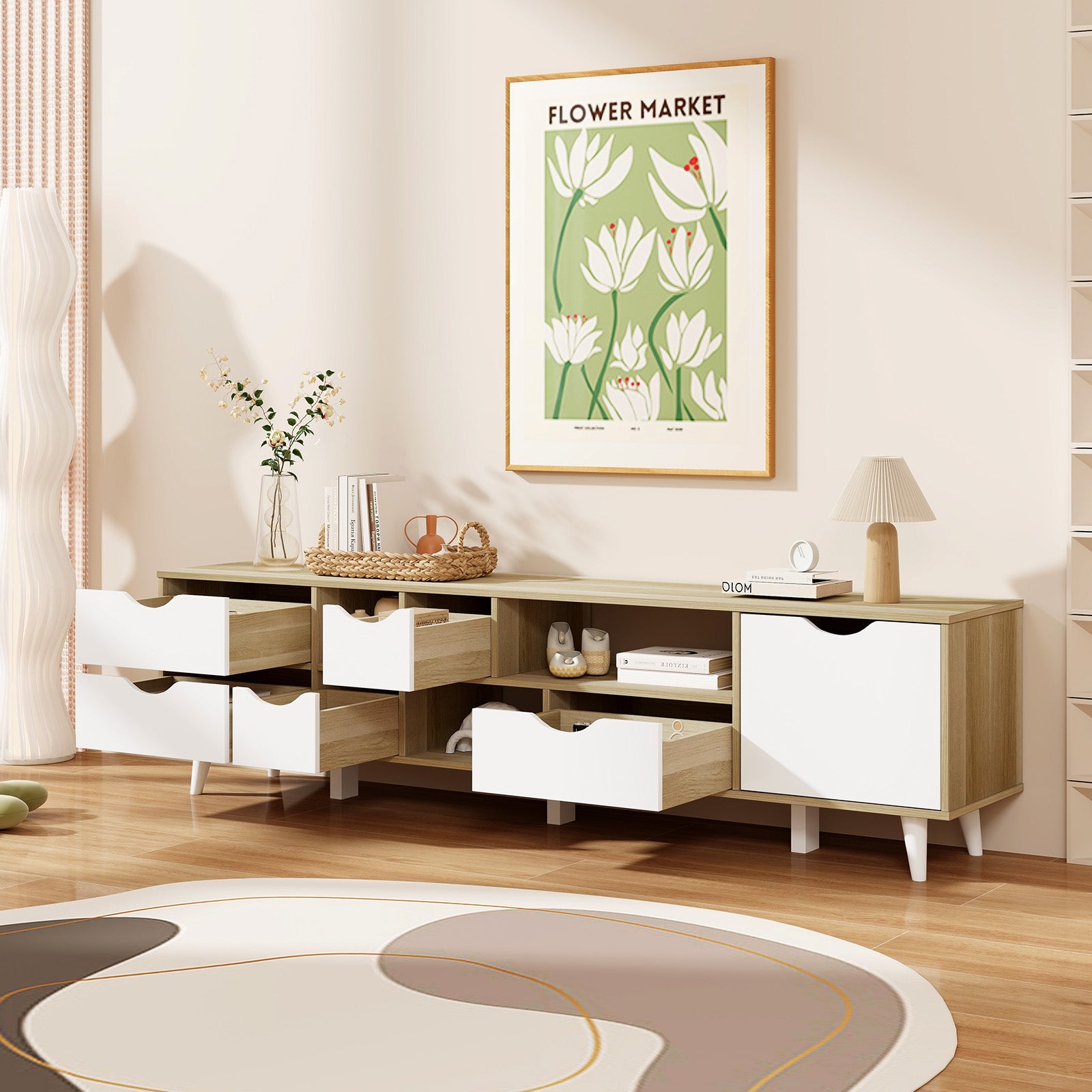 TV Stand for TVs up to 65¡± Television Cabinet w/ 5 Drawers & 3 Open Shelves-Oak