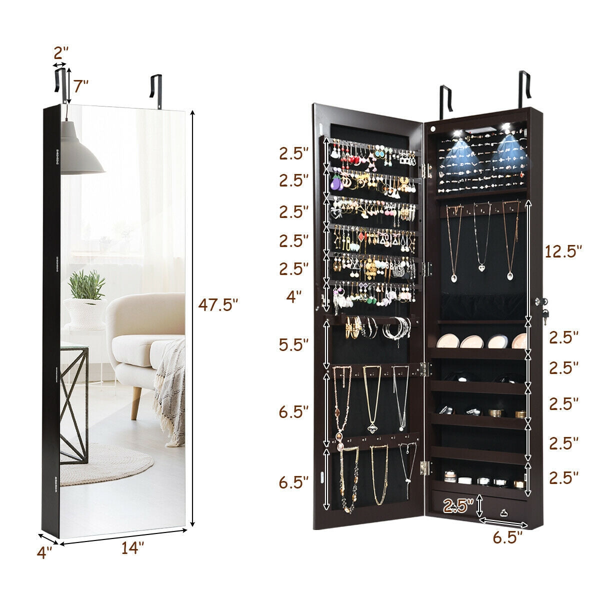Wall and Door Mounted Mirrored Jewelry Cabinet with Lights-Brown