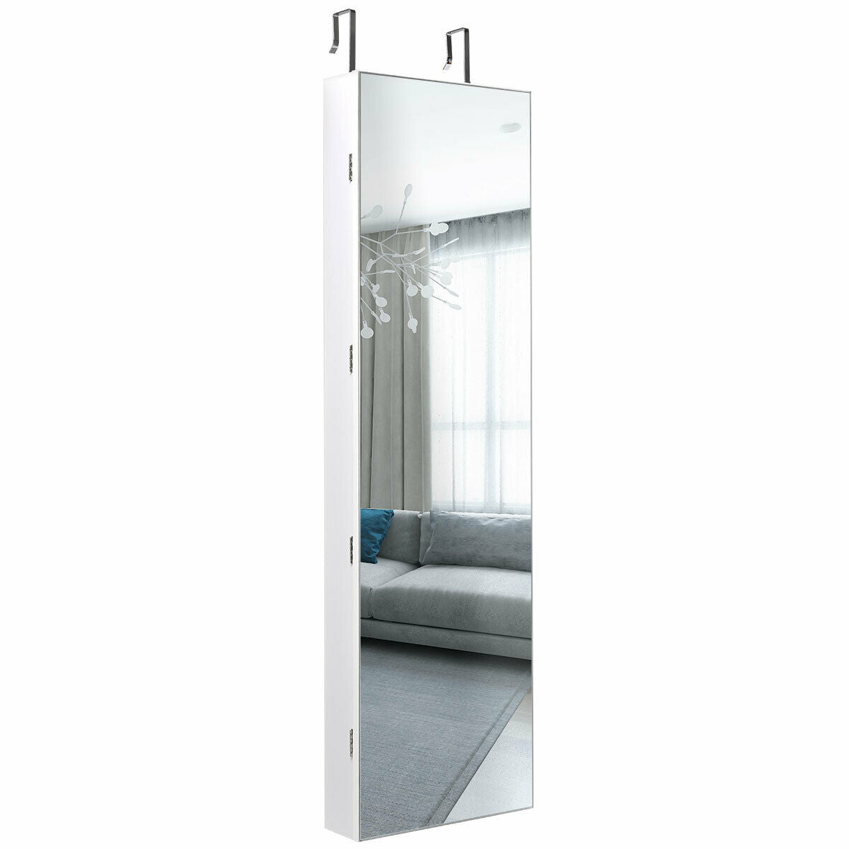 Wall and Door Mounted Mirrored Jewelry Cabinet with Lights-White