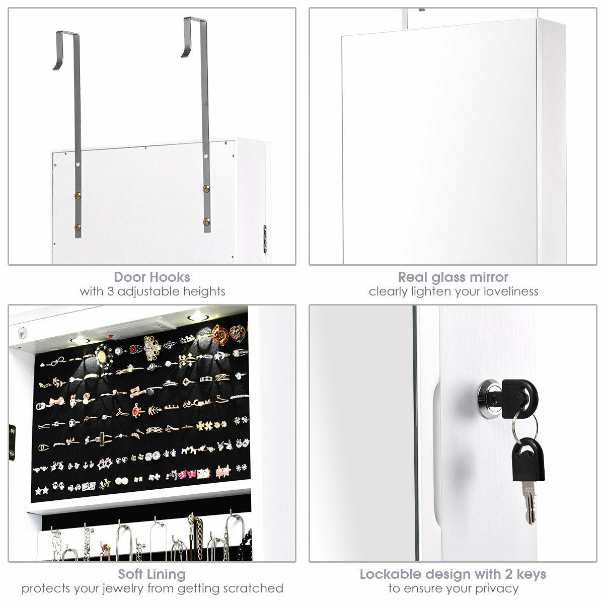 Wall and Door Mounted Mirrored Jewelry Cabinet with Lights-White