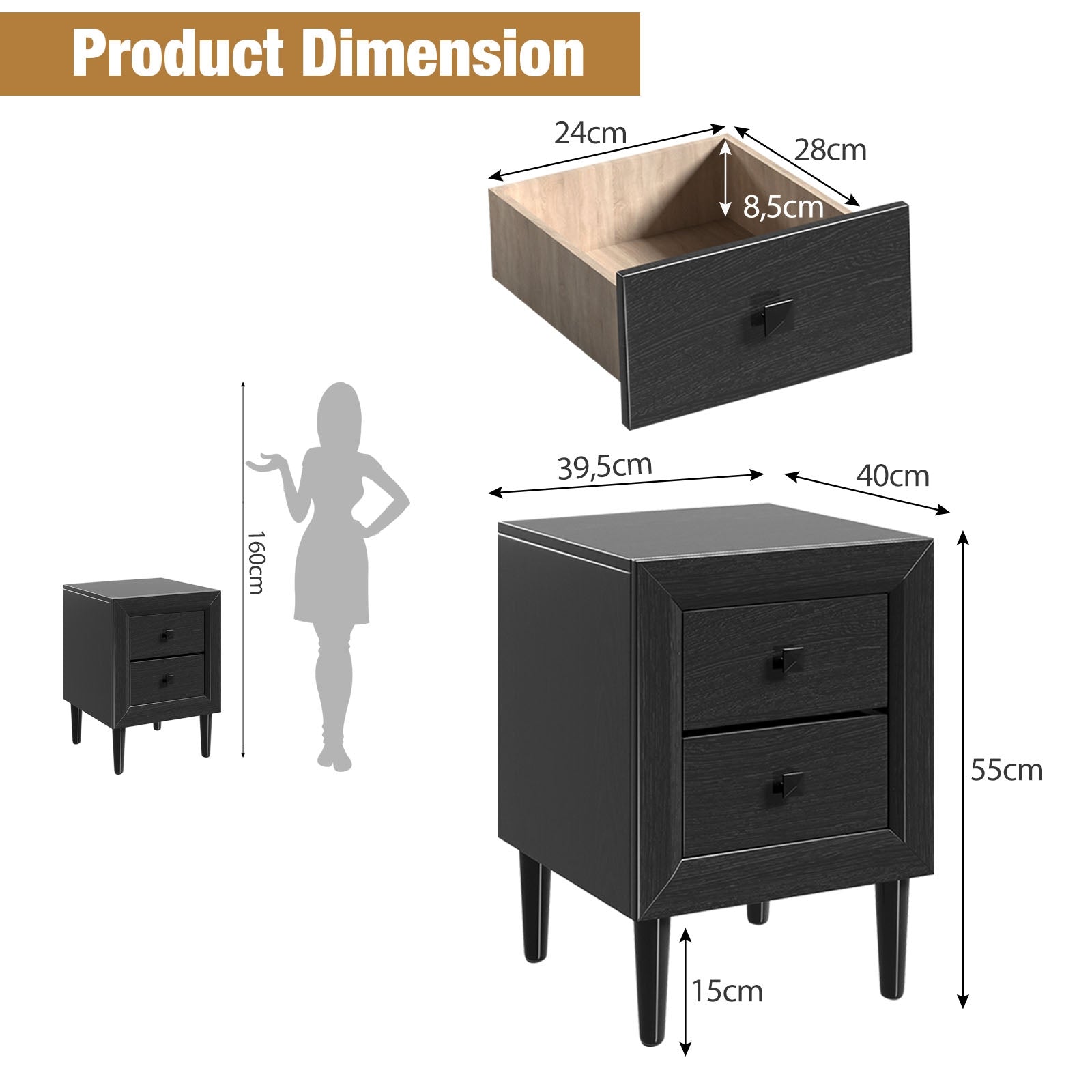 SUGIFT Multipurpose Retro Bedside Nightstand with 2 Drawers