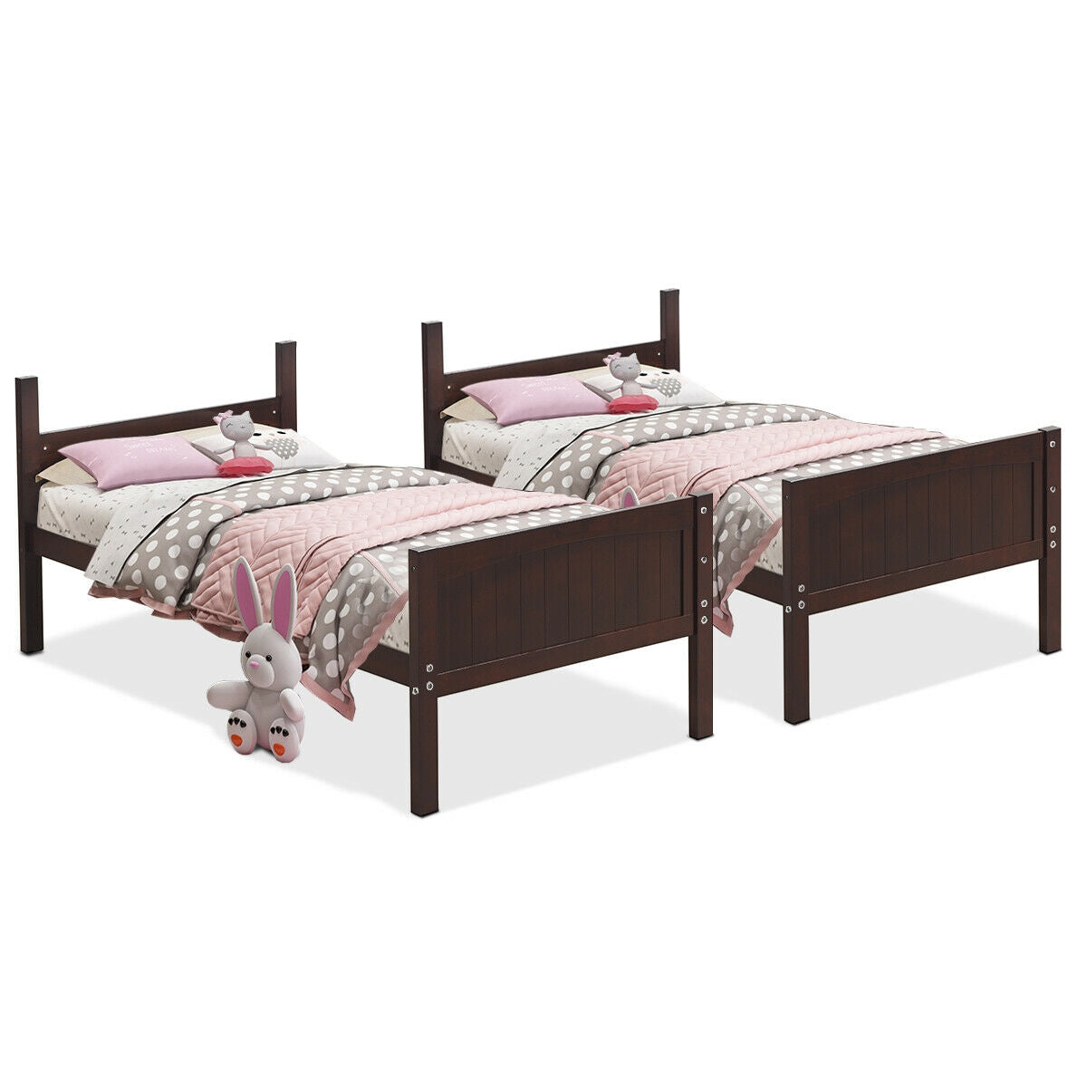 Wooden Twin Over Twin Bunk Bed Frames with Ladder and Safety Rail