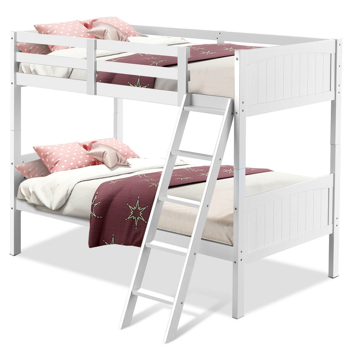 Wooden Twin Over Twin Bunk Bed Frames with Ladder and Safety Rail