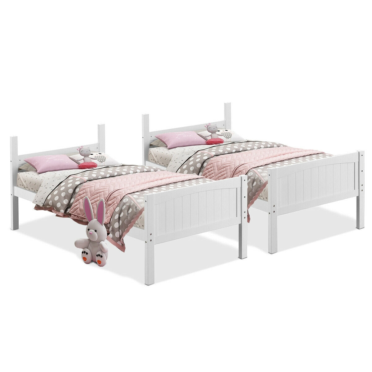 Wooden Twin Over Twin Bunk Bed Frames with Ladder and Safety Rail