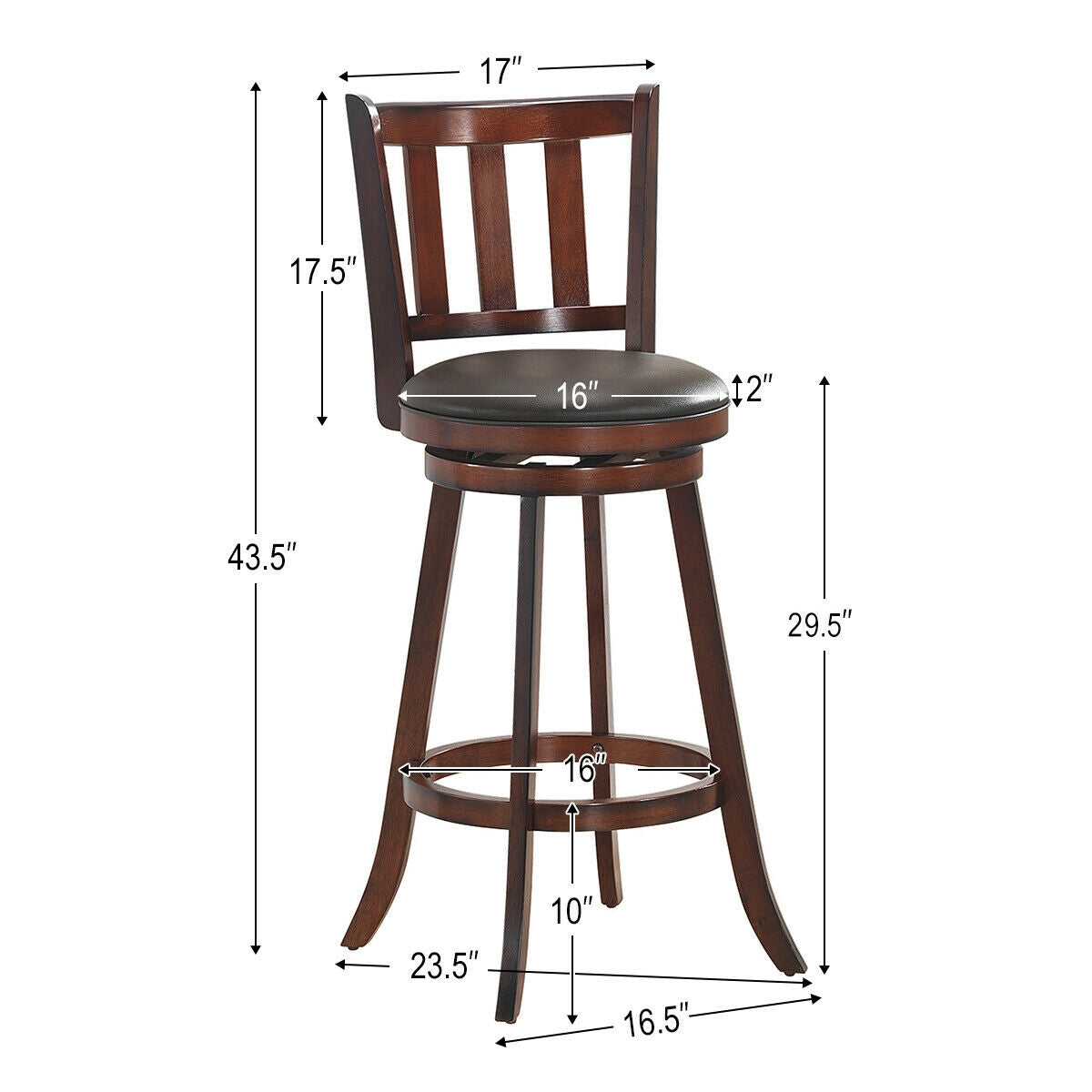 SUGIFT 2 Pieces 360 Degree Swivel Wooden Counter Height Bar Stool Set with Cushioned Seat