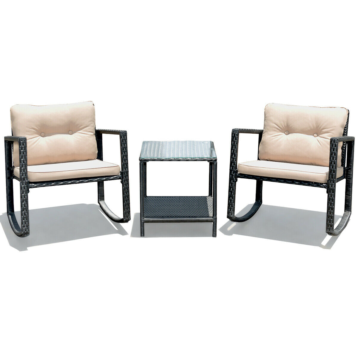 3 Pieces Cushioned Patio Rattan Set with Rocking Chair and Table