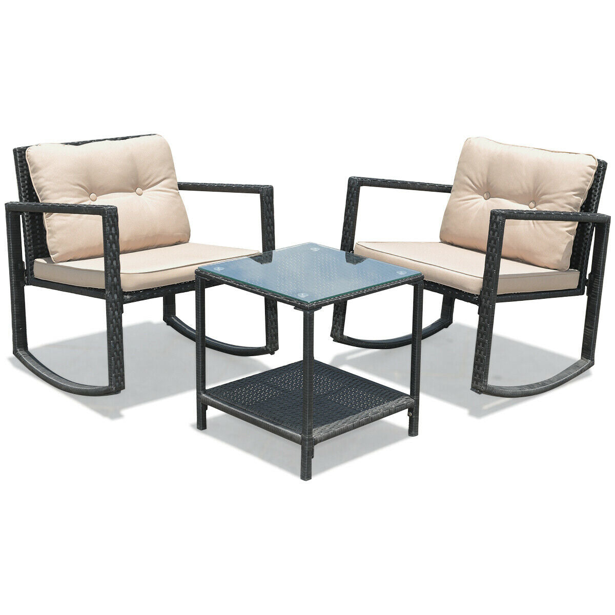 3 Pieces Cushioned Patio Rattan Set with Rocking Chair and Table