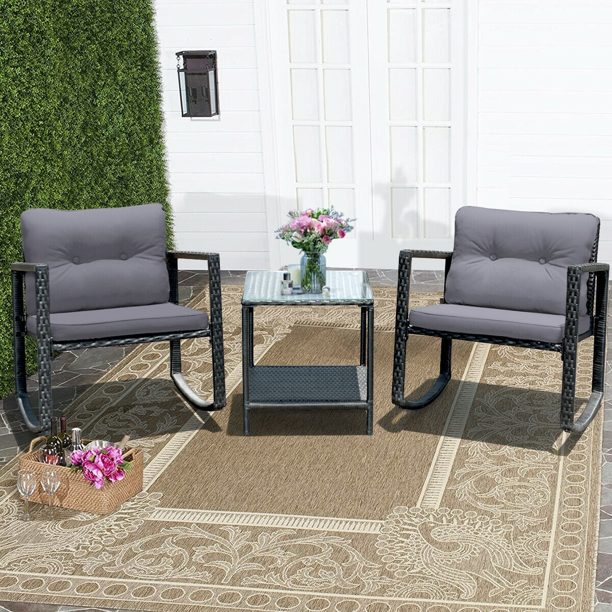 3 Pieces Cushioned Patio Rattan Set with Rocking Chair and Table-Grey