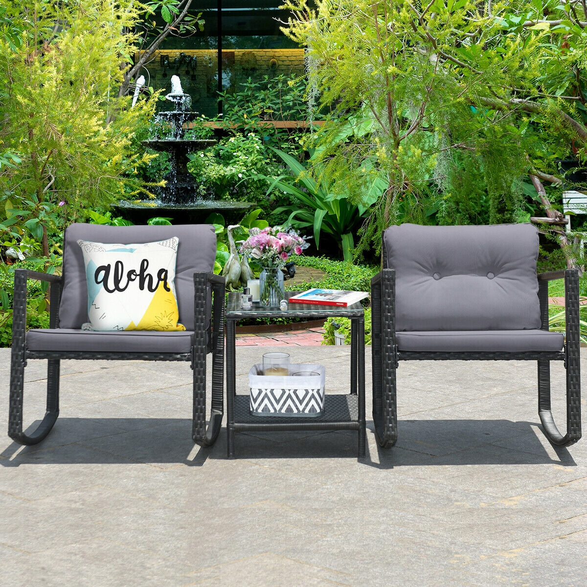 3 Pieces Cushioned Patio Rattan Set with Rocking Chair and Table-Grey