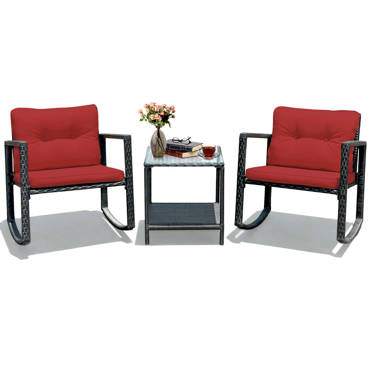 3 Pieces Cushioned Patio Rattan Set with Rocking Chair and Table-Red