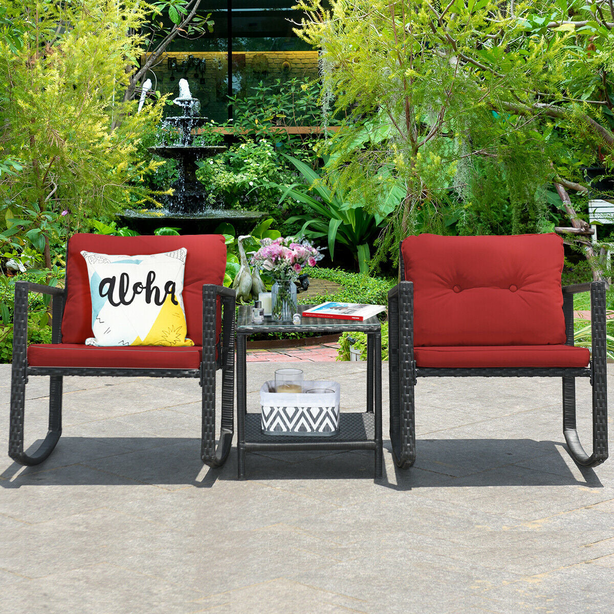 3 Pieces Cushioned Patio Rattan Set with Rocking Chair and Table-Red