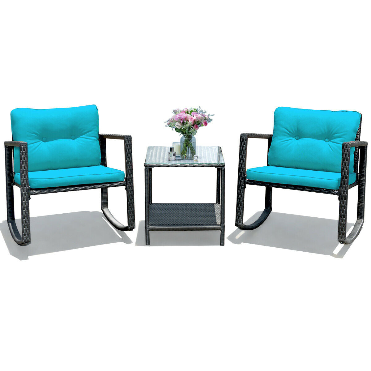 3 Pieces Cushioned Patio Rattan Set with Rocking Chair and Table-Blue