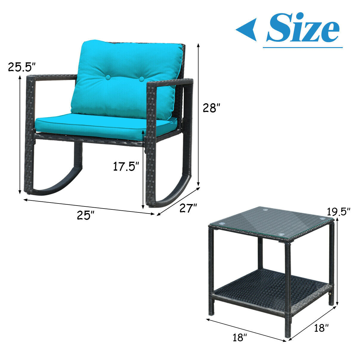 3 Pieces Cushioned Patio Rattan Set with Rocking Chair and Table-Blue