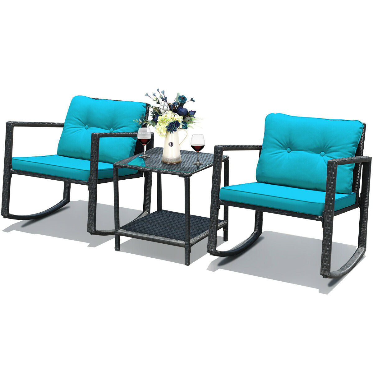 3 Pieces Cushioned Patio Rattan Set with Rocking Chair and Table-Blue