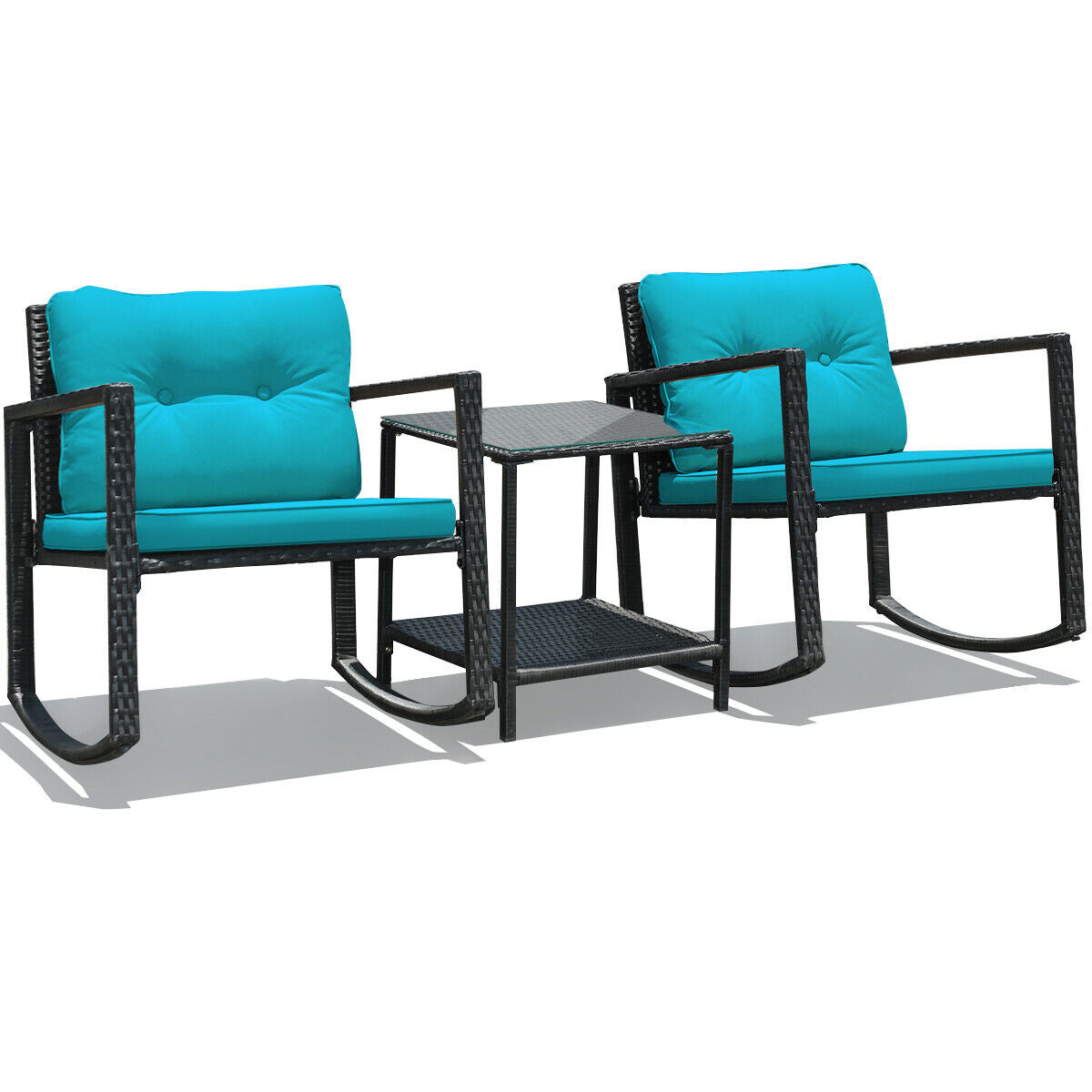3 Pieces Cushioned Patio Rattan Set with Rocking Chair and Table-Blue