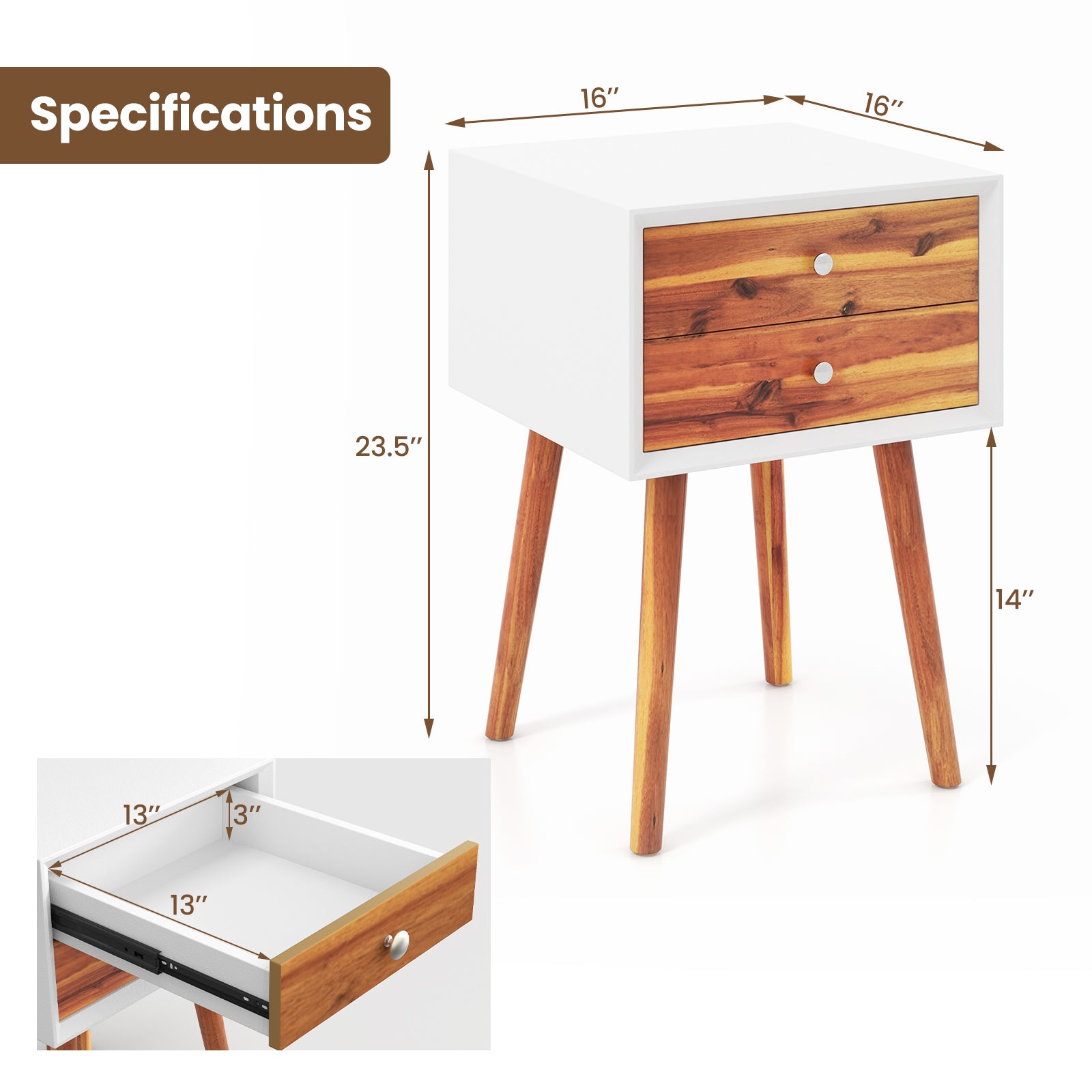 SUGIFT Mid-Century Wooden Multipurpose End Table with 2 Storage Drawers