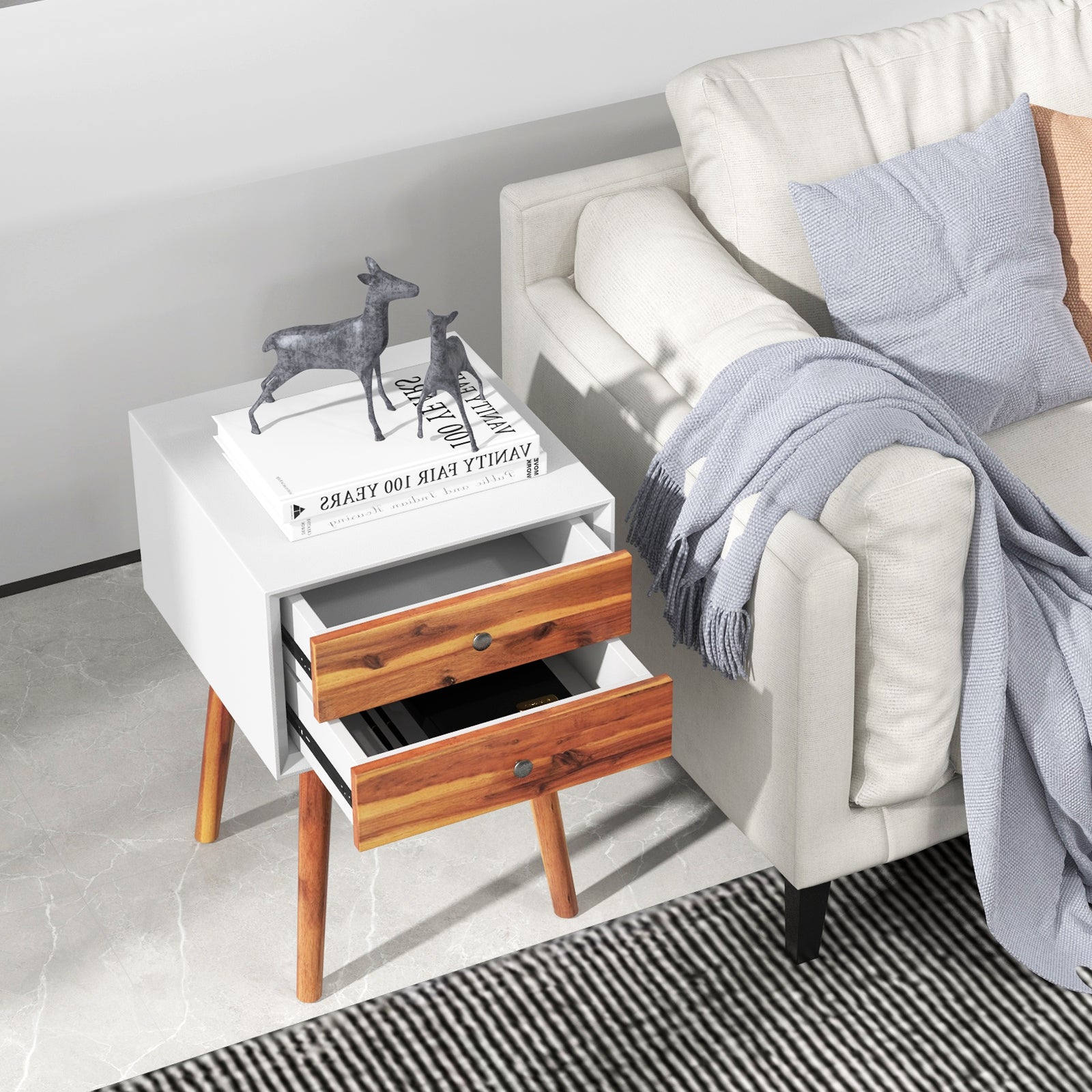 SUGIFT Mid-Century Wooden Multipurpose End Table with 2 Storage Drawers