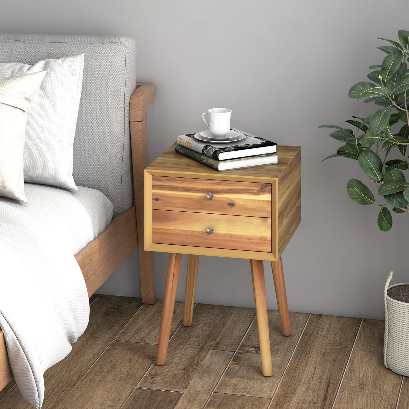 SUGIFT Mid-Century Wooden Multipurpose End Table with 2 Storage Drawers
