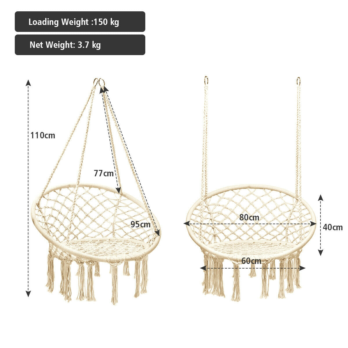 VEBREDA Hanging Macrame Hammock Chair with Handwoven Cotton Backrest