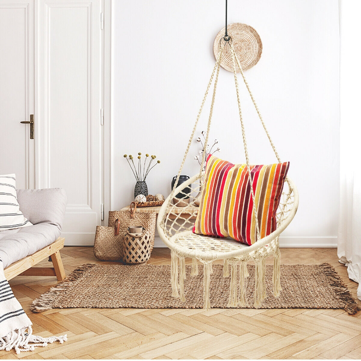 VEBREDA Hanging Macrame Hammock Chair with Handwoven Cotton Backrest