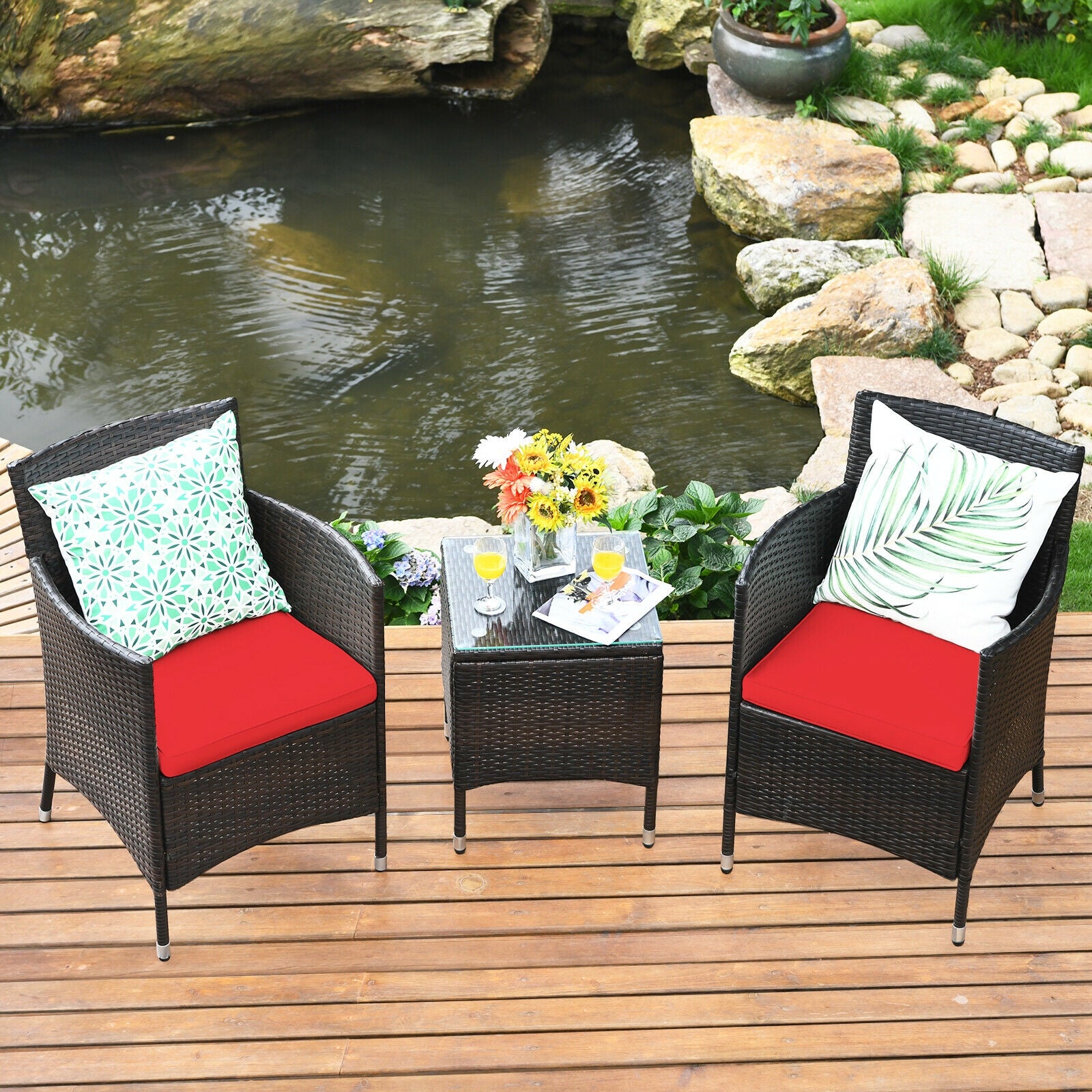 3 Pieces Ergonomic Wicker Patio Conversation Set-Red