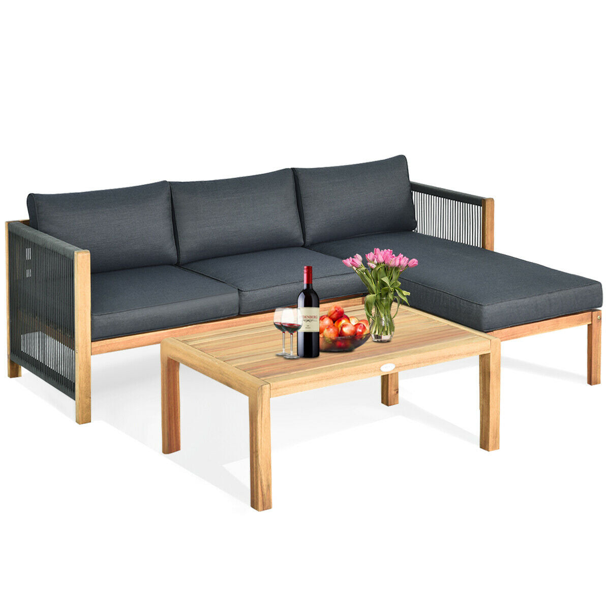 3 Pieces Patio Acacia Wood Sofa Furniture Set with Nylon Rope Armrest