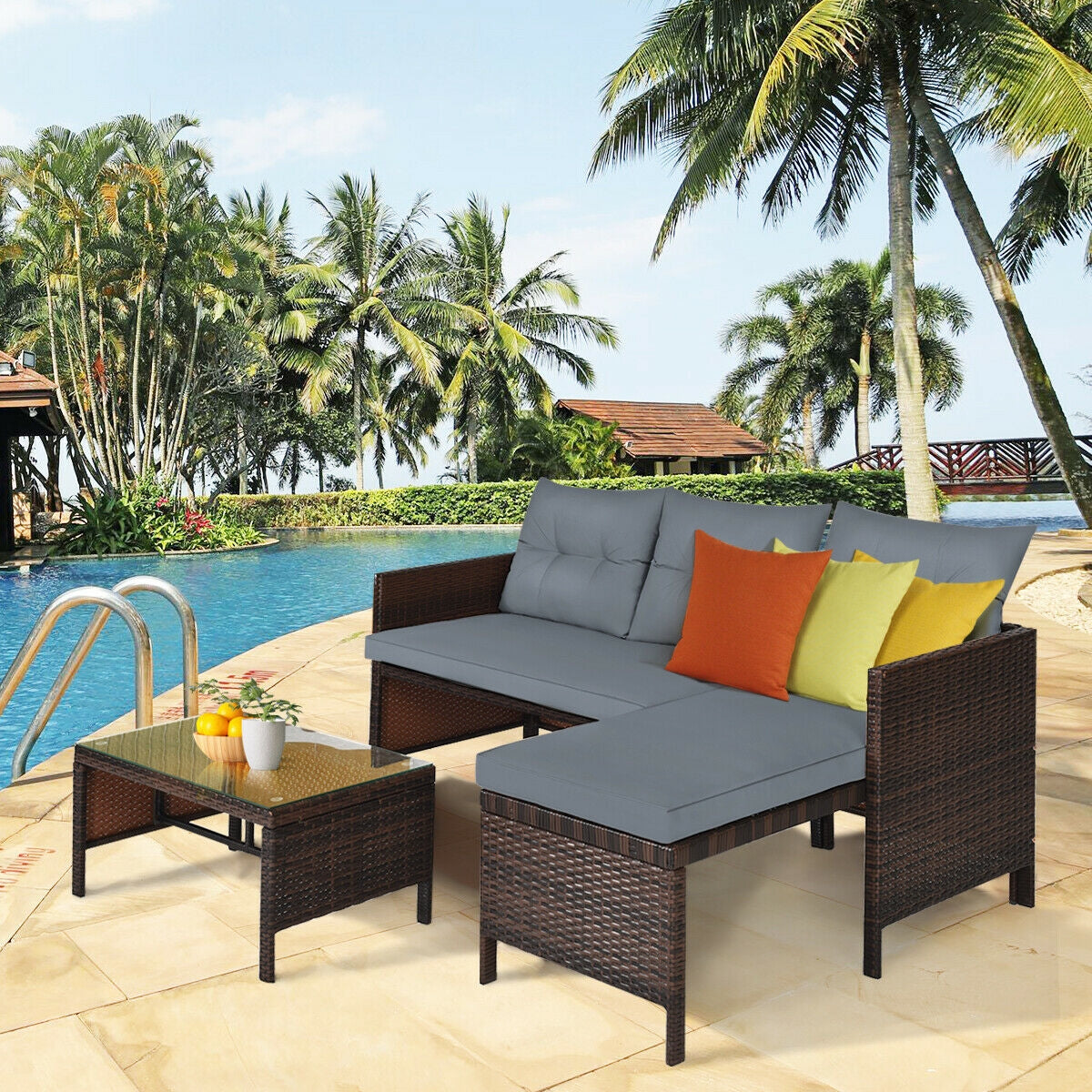 3 Pieces Outdoor Patio Corner Rattan Sofa Set-Grey