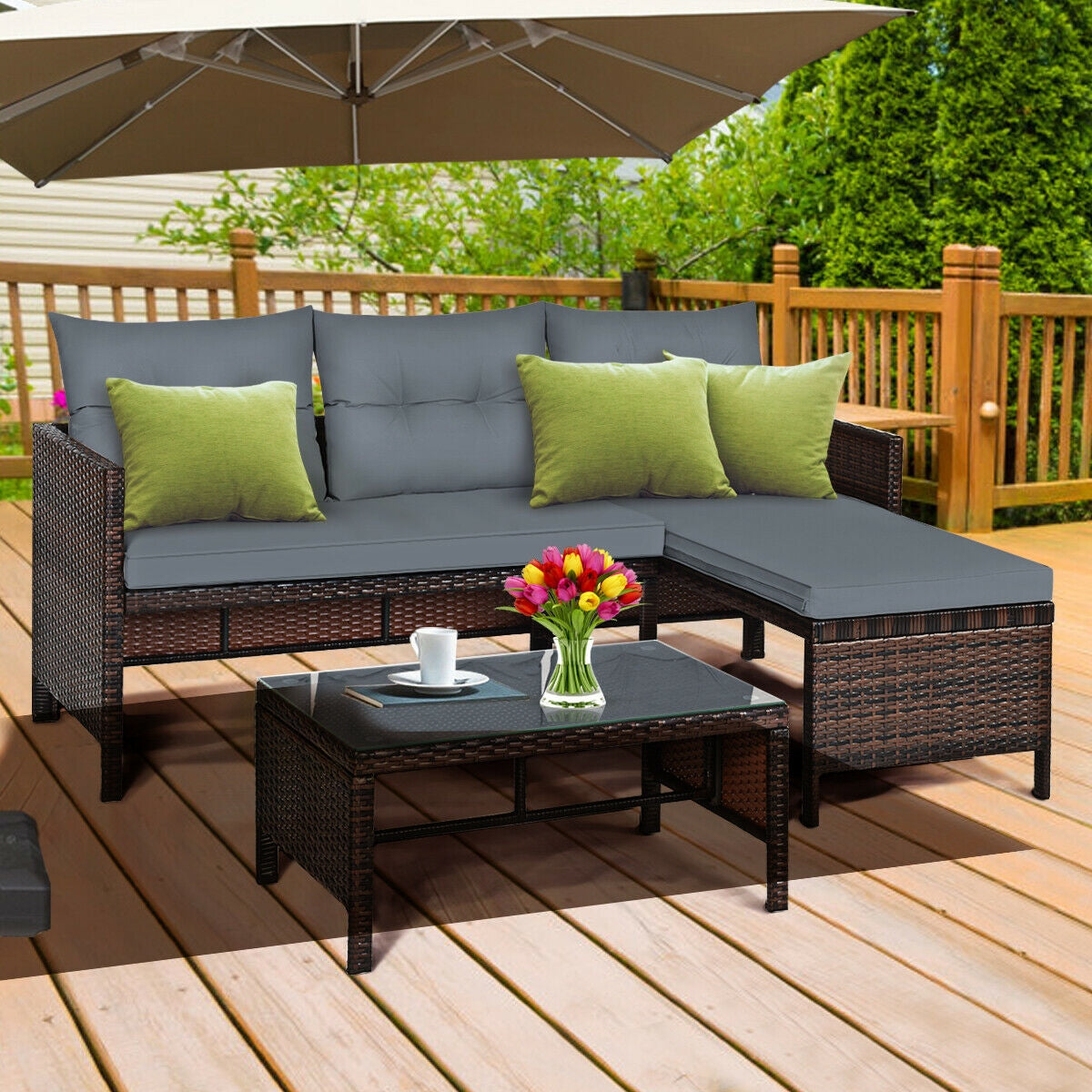 3 Pieces Outdoor Patio Corner Rattan Sofa Set-Grey