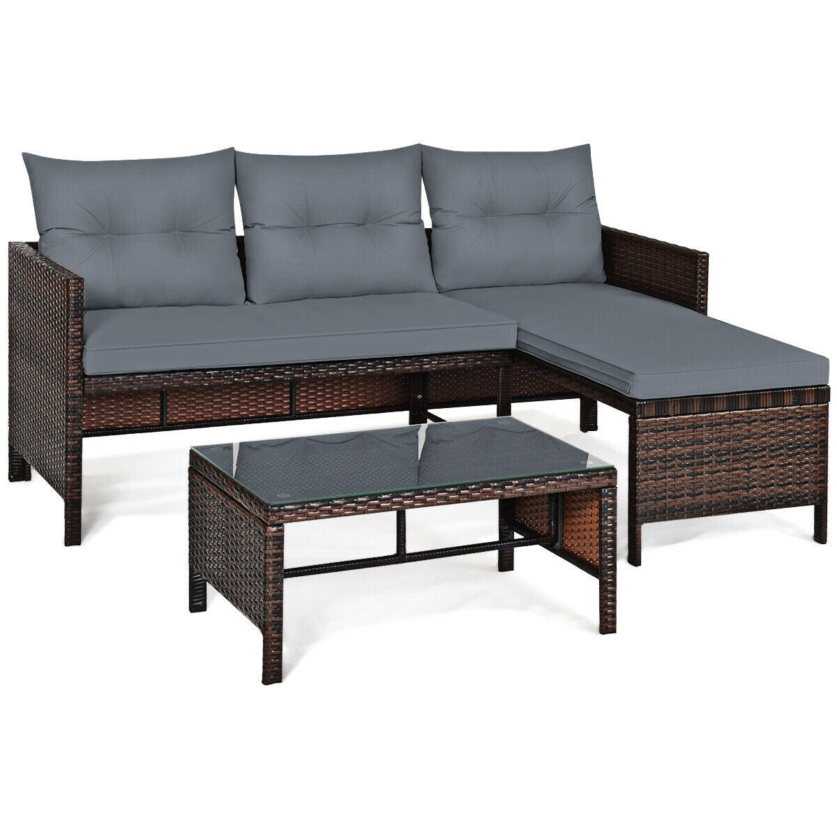 3 Pieces Outdoor Patio Corner Rattan Sofa Set-Grey