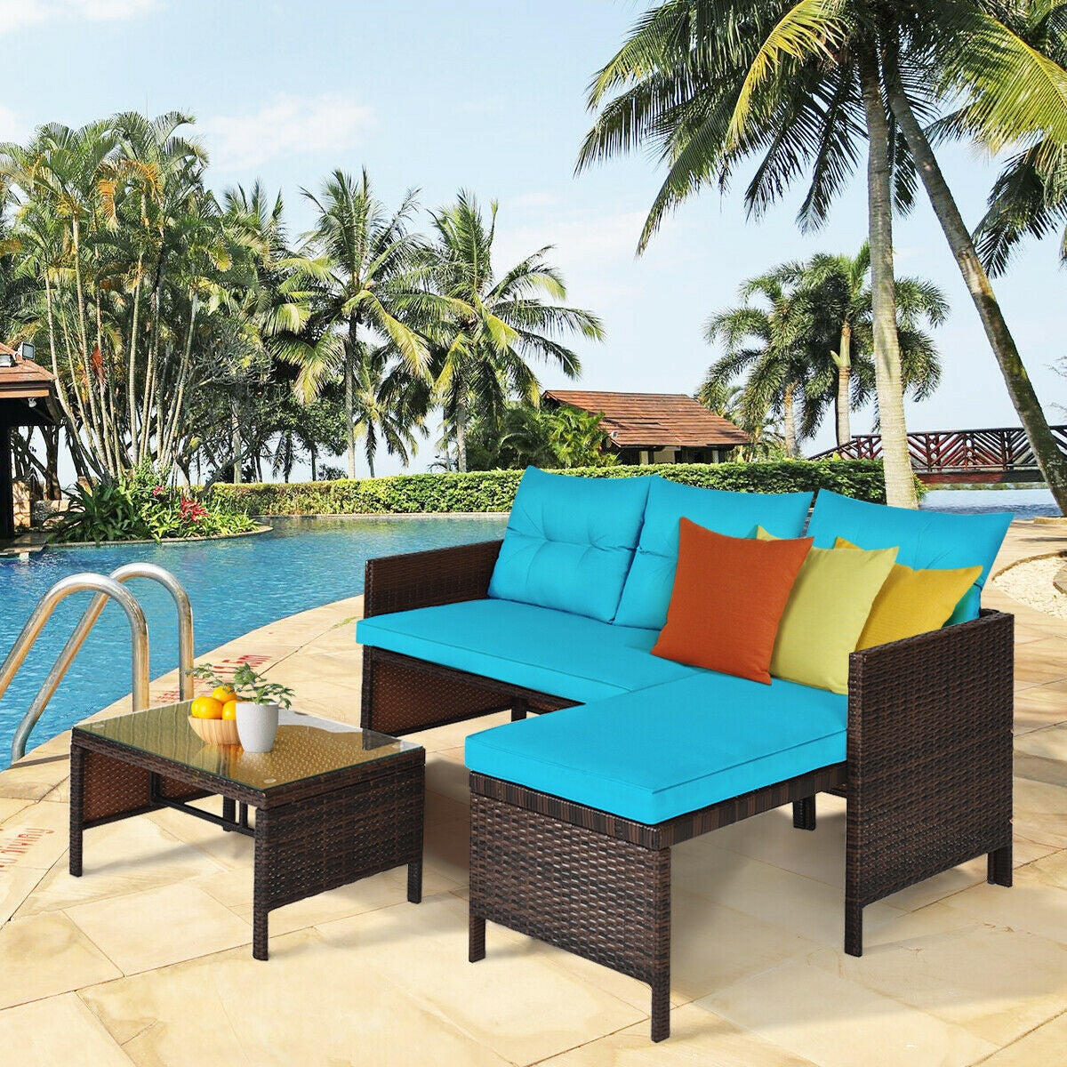 3 Pieces Outdoor Patio Corner Rattan Sofa Set-Turquoise