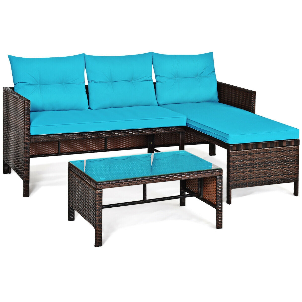 3 Pieces Outdoor Patio Corner Rattan Sofa Set-Turquoise