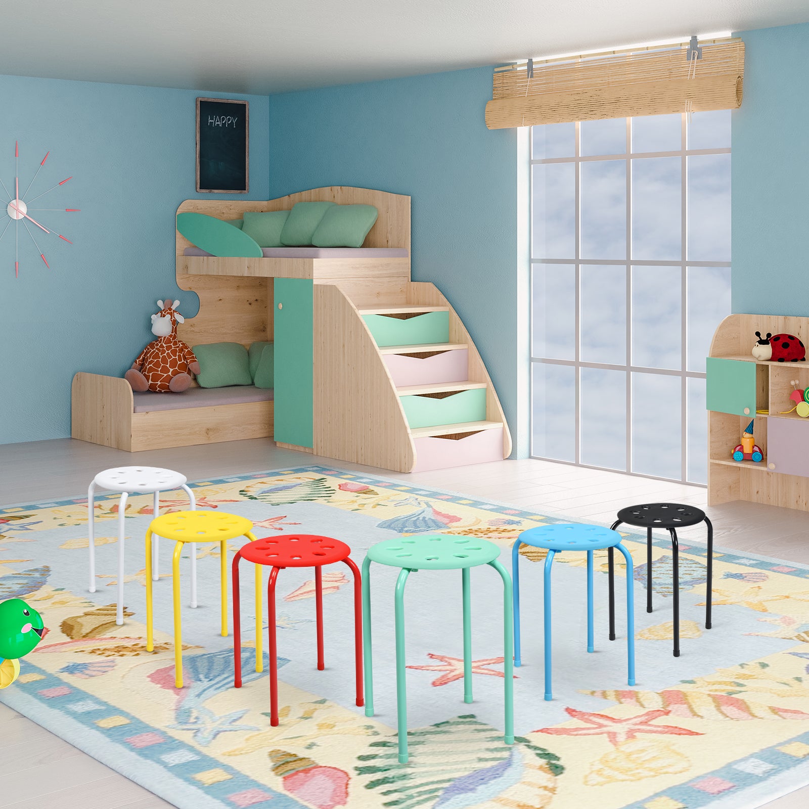 17.5 Inch Set of 6 Portable Plastic Stack Stools with Metal Frame