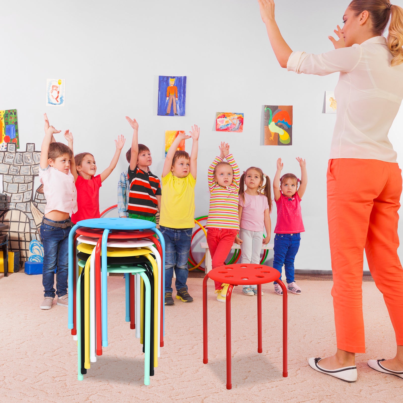 17.5 Inch Set of 6 Portable Plastic Stack Stools with Metal Frame