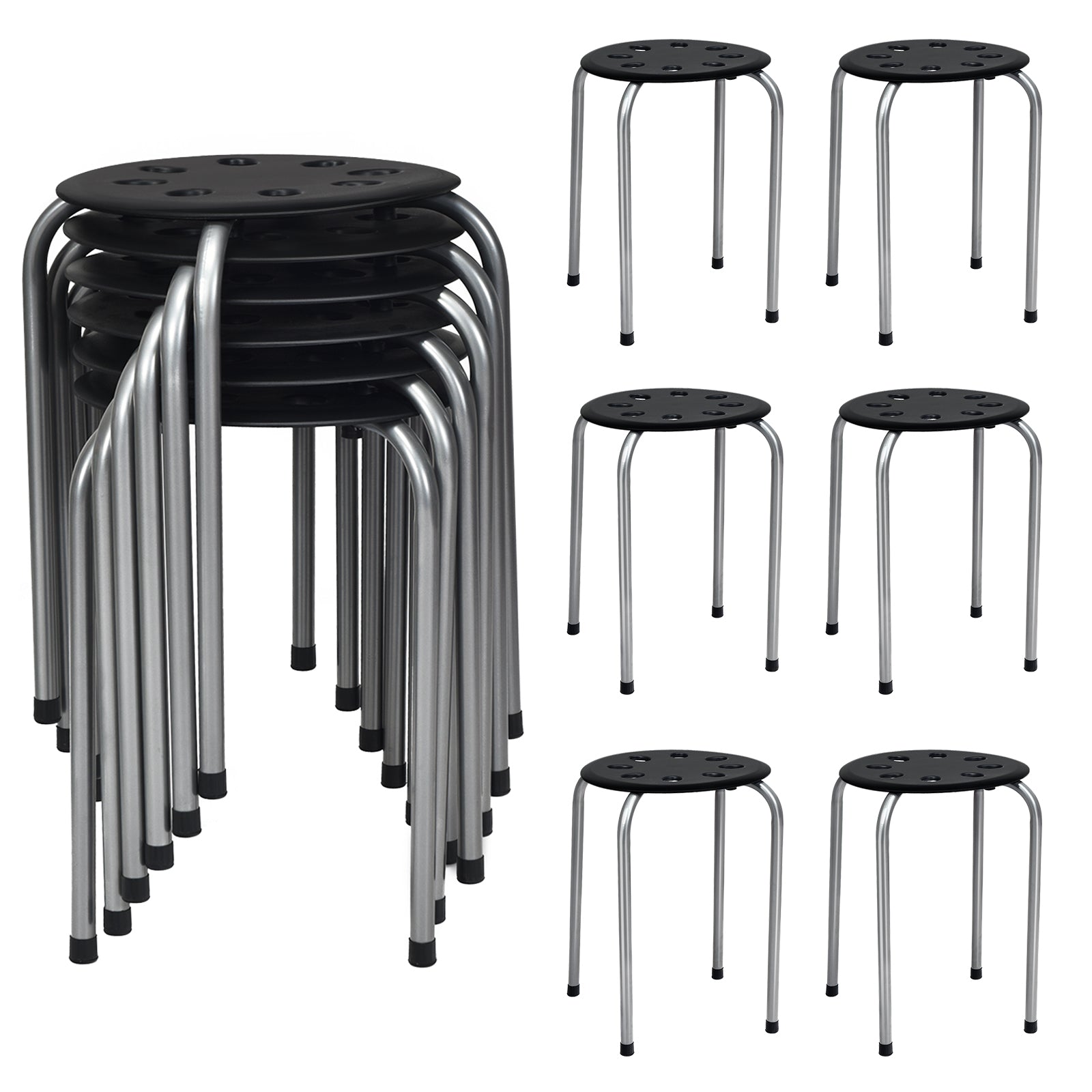 17.5 Inch Set of 6 Portable Plastic Stack Stools with Metal Frame