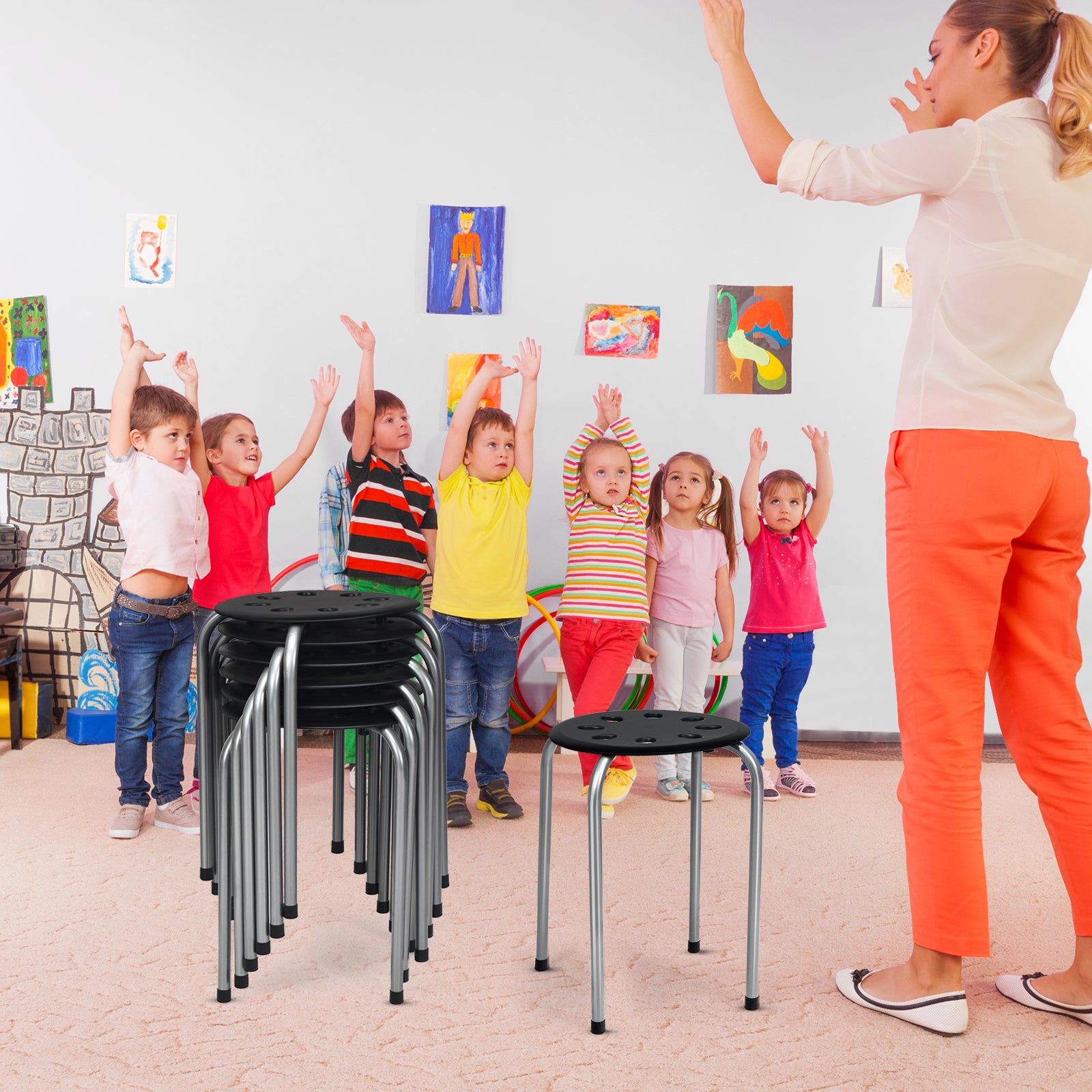 17.5 Inch Set of 6 Portable Plastic Stack Stools with Metal Frame